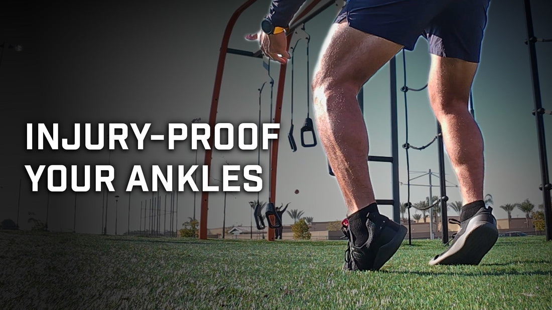 Person performing ankle-strengthening exercises outdoors in barefoot shoes near gym equipment, promoting stability, mobility, and injury prevention.